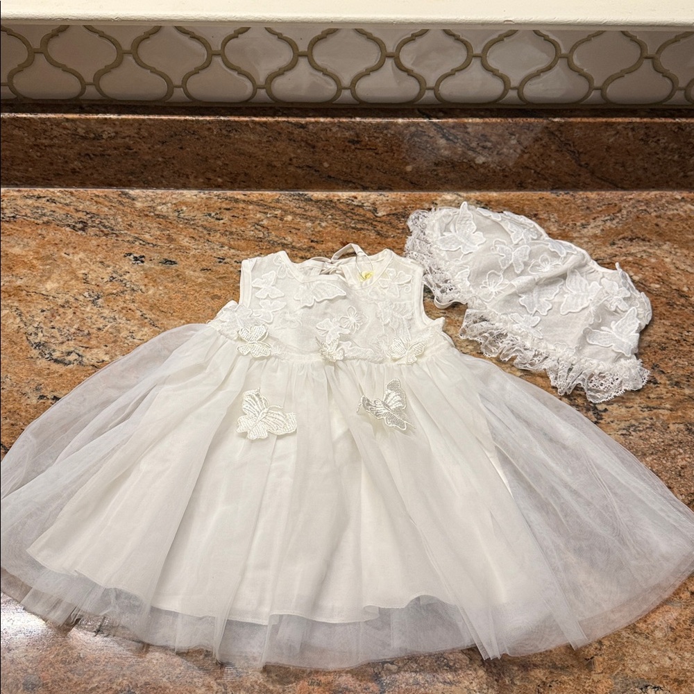 White Lace Baby Dress with Bonnet